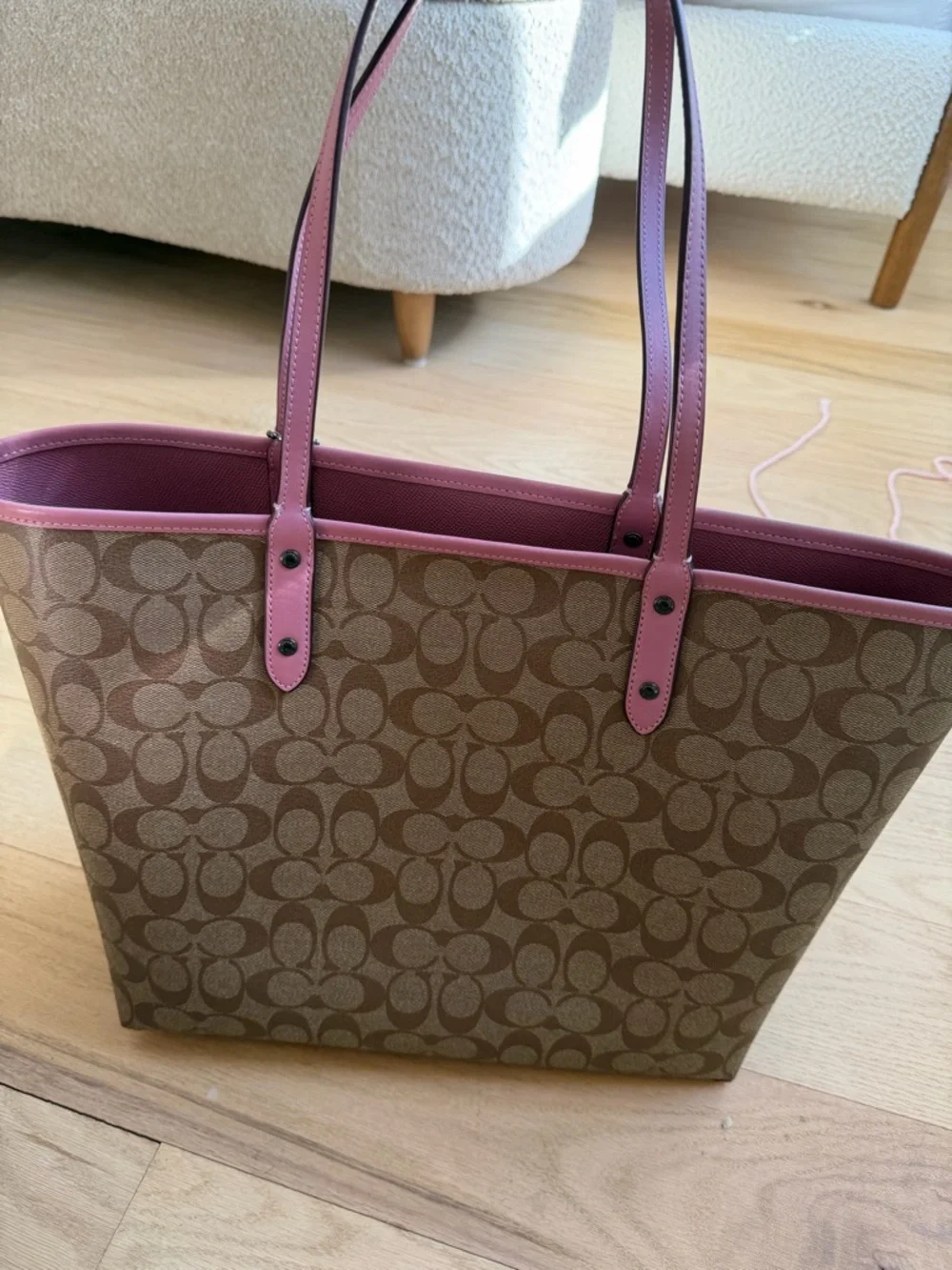 Coach Beige Signature Canvas Tote with Pink Trim and Purple Horse - Picture 3 of 6